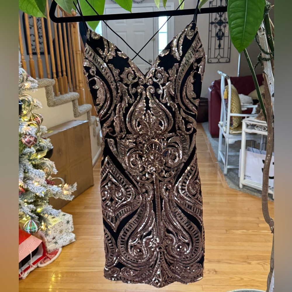 Windsor Black and Gold Sequin Mini Dress